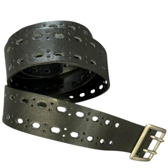 Womens Leather Belt 40-46" Waist Black Double Prong Silver Buckle - Picture 2 of 8